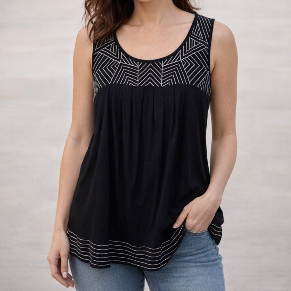 a.n.a Black Tank Top – Silver Embroidered Detail | Elegant Sleeveless | M / L